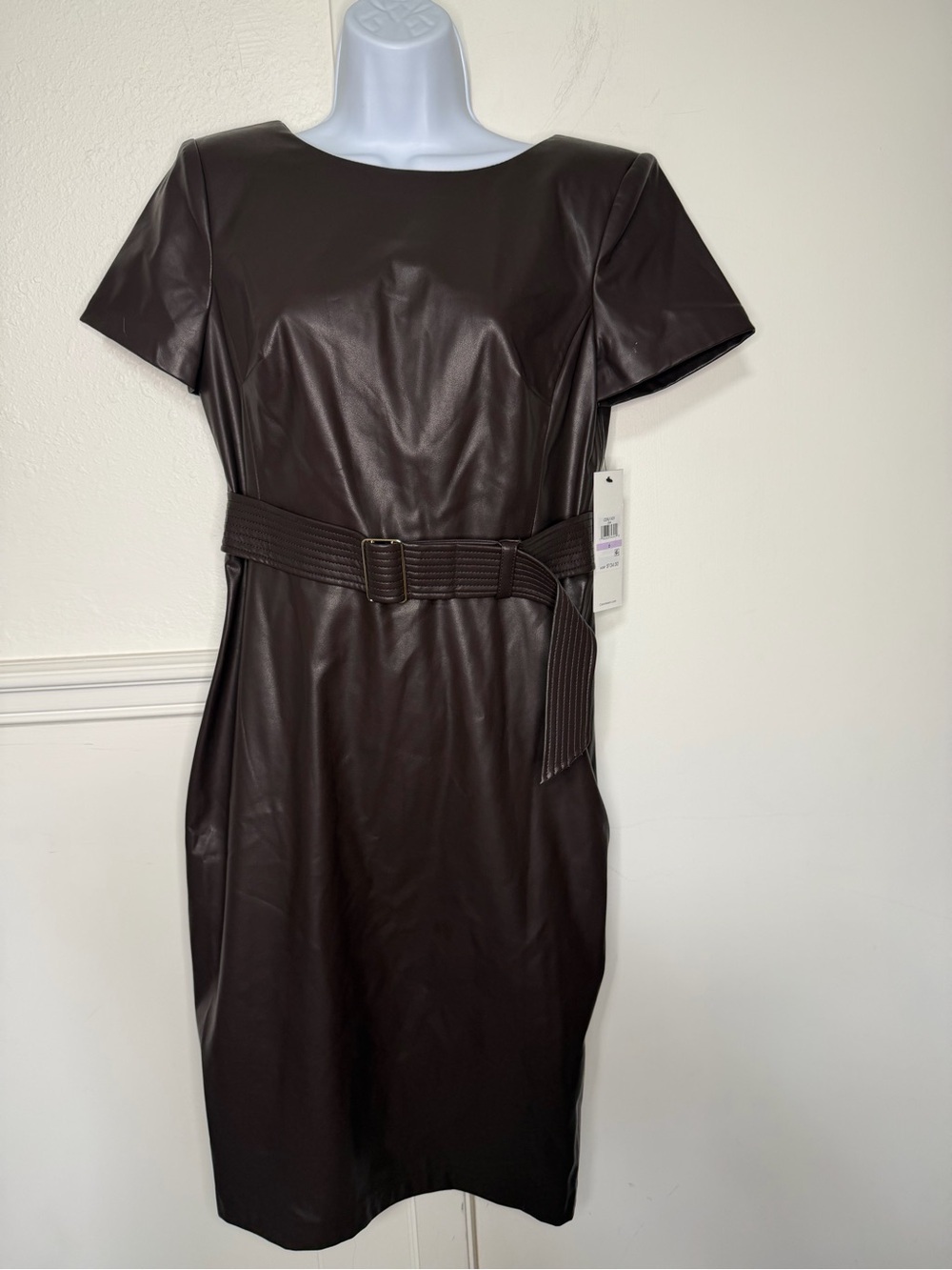 Calvin Klein Chocolate Brown Faux Leather Midi Sheath Dress with Belt size 6 NWT